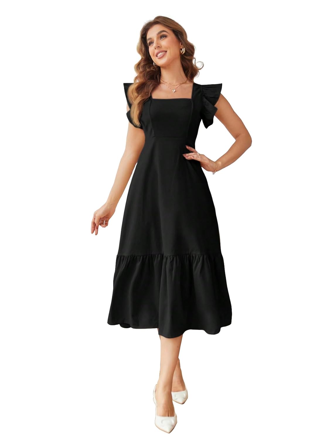 Shasmi Girl's & Women's Solid Color Square Neck, Ruffle-Trimmed Hem Sleeveless, Ruffle Armhole and Casual Dress with Cinched Waist Vacation Outfits Woman (Dress 162)