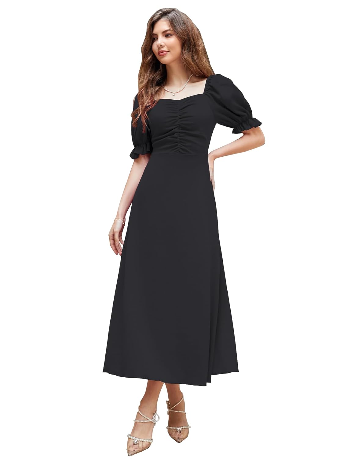 Shasmi Girl's & Women's Solid A-Line Ruched Puff Sleeve Maxi Long Evening One Piece Long Dress for Women Stylish (Dress 131)