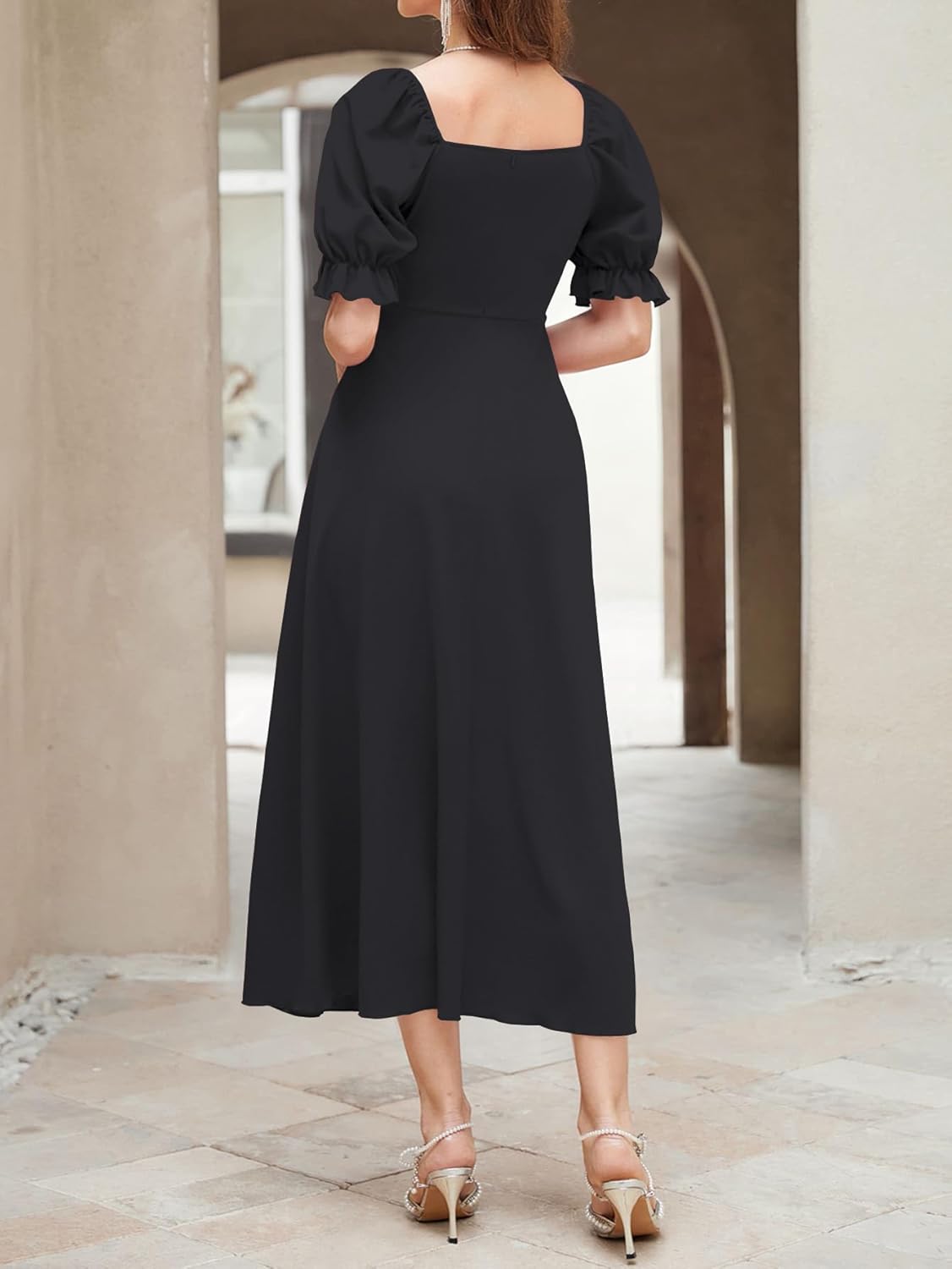 Shasmi Girl's & Women's Solid A-Line Ruched Puff Sleeve Maxi Long Evening One Piece Long Dress for Women Stylish (Dress 131)