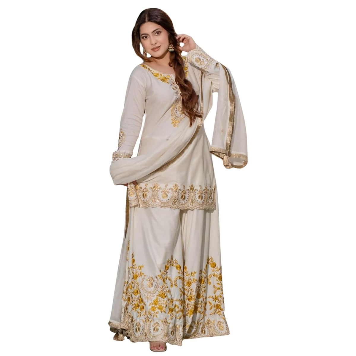 Firewave Women's Heavy French Crepe Embroidered Round V Neck 3/4 Sleeve Fully Stitched Sharara Suit Set with Dupatta Ethnic Wear_BK-88