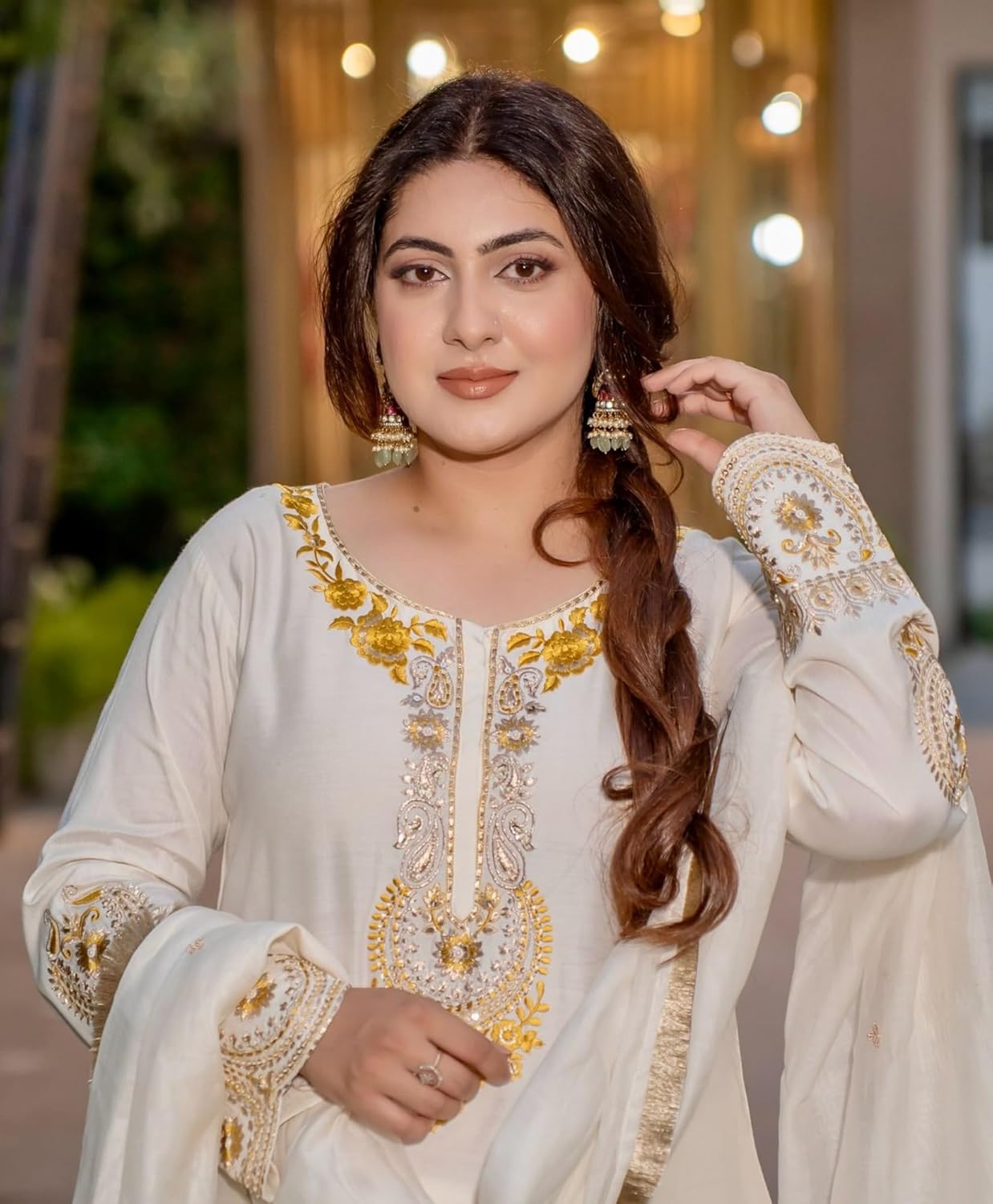 Firewave Women's Heavy French Crepe Embroidered Round V Neck 3/4 Sleeve Fully Stitched Sharara Suit Set with Dupatta Ethnic Wear_BK-88