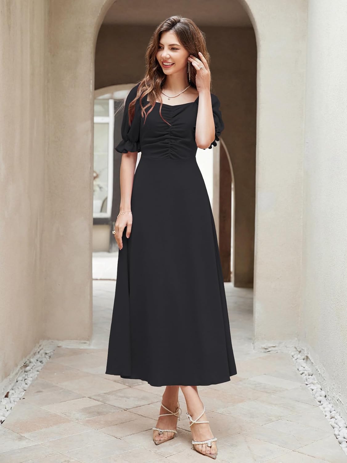 Shasmi Girl's & Women's Solid A-Line Ruched Puff Sleeve Maxi Long Evening One Piece Long Dress for Women Stylish (Dress 131)
