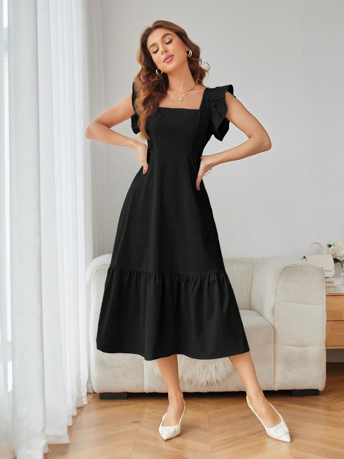 Shasmi Girl's & Women's Solid Color Square Neck, Ruffle-Trimmed Hem Sleeveless, Ruffle Armhole and Casual Dress with Cinched Waist Vacation Outfits Woman (Dress 162)