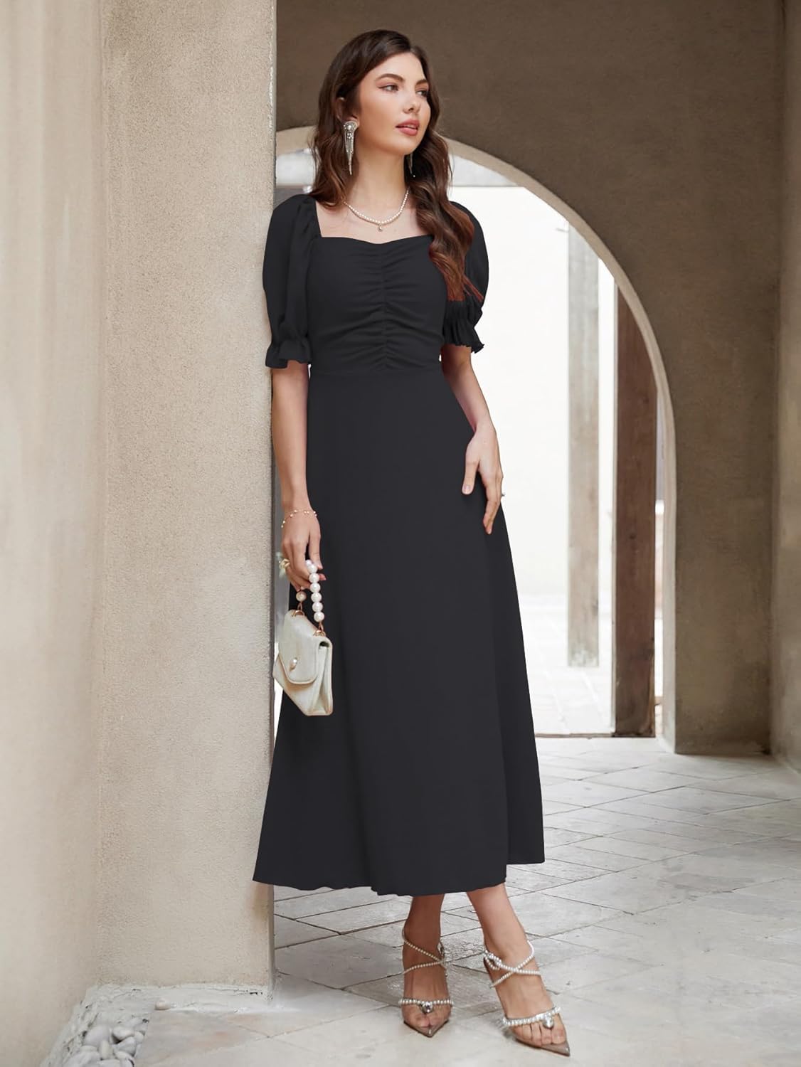 Shasmi Girl's & Women's Solid A-Line Ruched Puff Sleeve Maxi Long Evening One Piece Long Dress for Women Stylish (Dress 131)