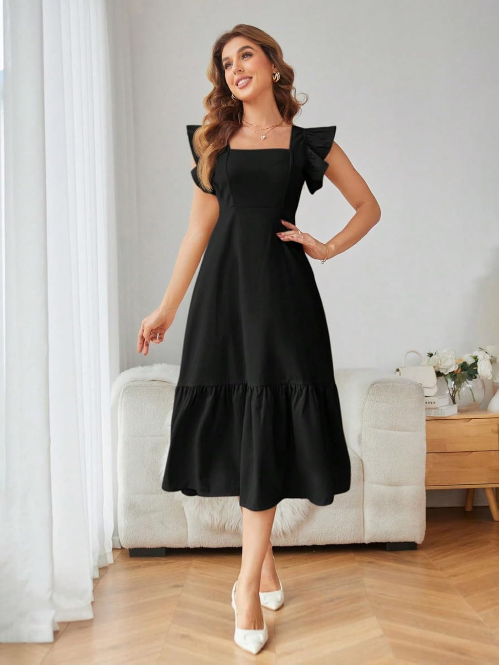 Shasmi Girl's & Women's Solid Color Square Neck, Ruffle-Trimmed Hem Sleeveless, Ruffle Armhole and Casual Dress with Cinched Waist Vacation Outfits Woman (Dress 162)