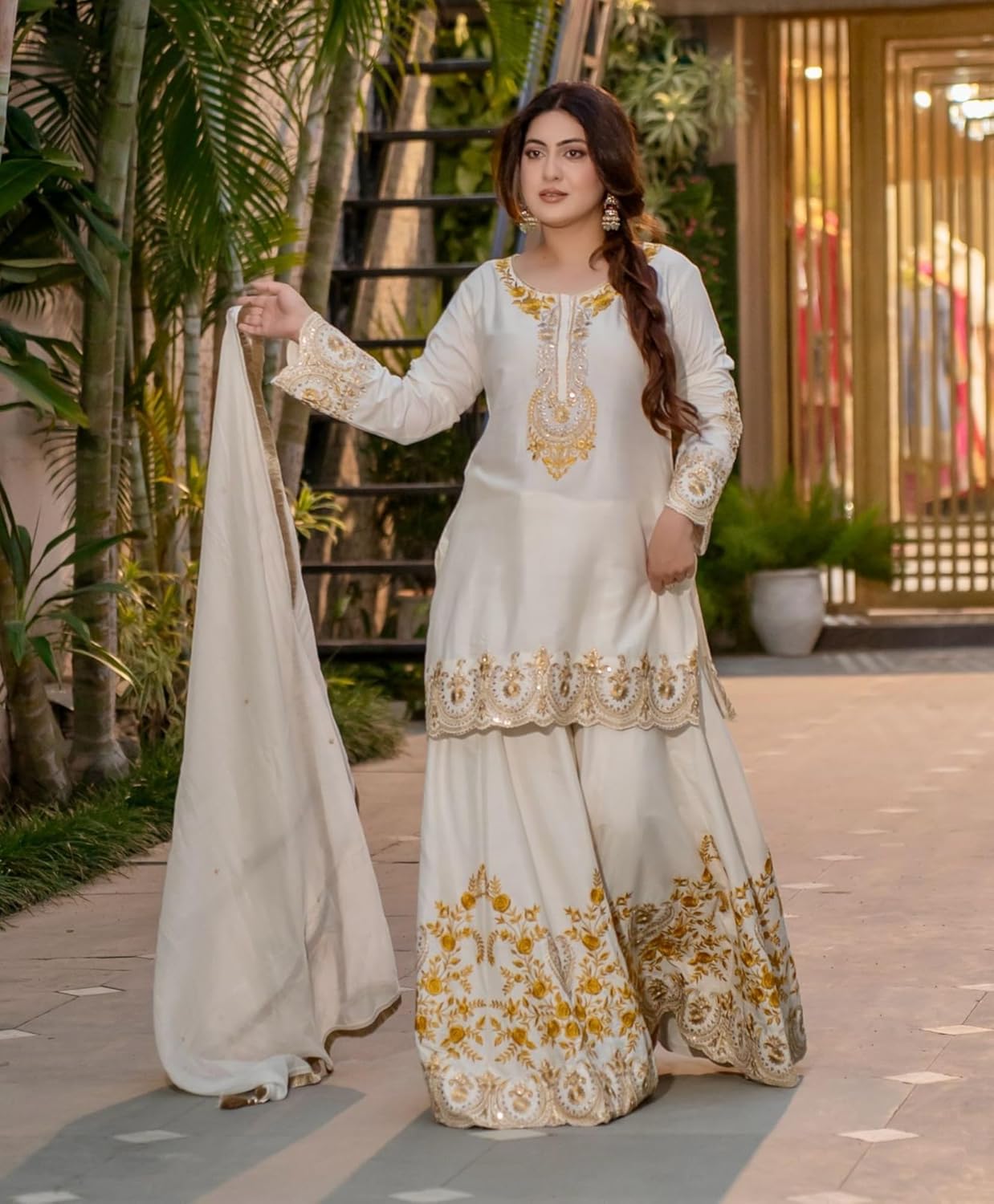 Firewave Women's Heavy French Crepe Embroidered Round V Neck 3/4 Sleeve Fully Stitched Sharara Suit Set with Dupatta Ethnic Wear_BK-88