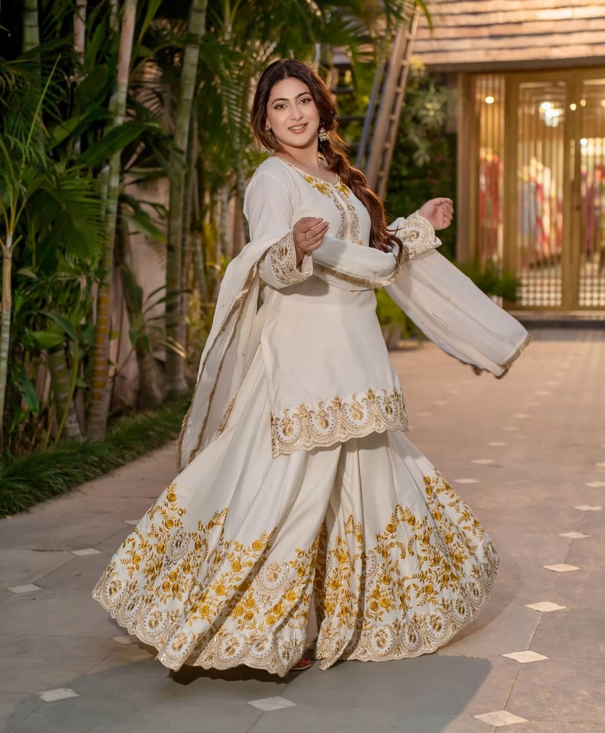 Firewave Women's Heavy French Crepe Embroidered Round V Neck 3/4 Sleeve Fully Stitched Sharara Suit Set with Dupatta Ethnic Wear_BK-88