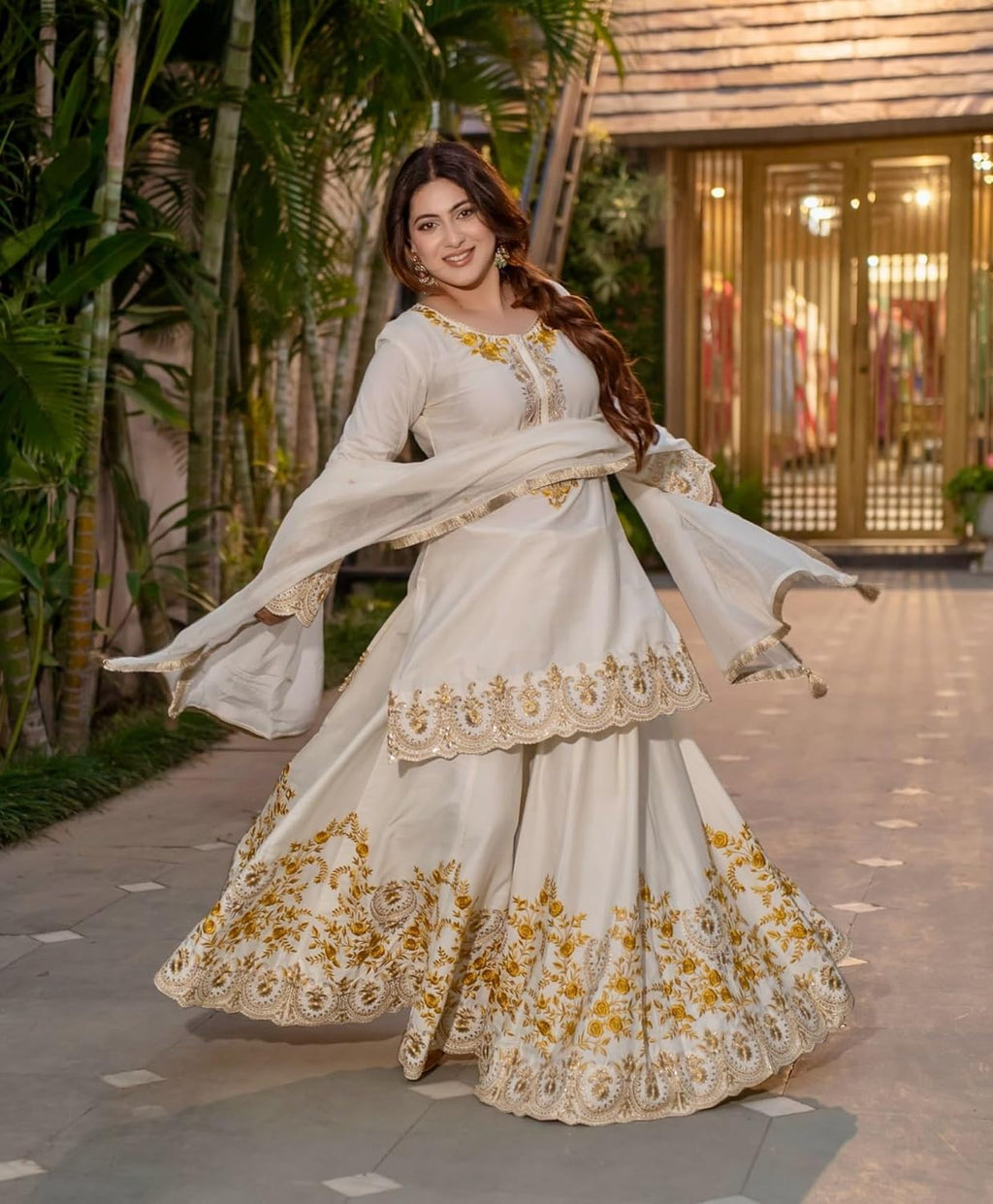 Firewave Women's Heavy French Crepe Embroidered Round V Neck 3/4 Sleeve Fully Stitched Sharara Suit Set with Dupatta Ethnic Wear_BK-88