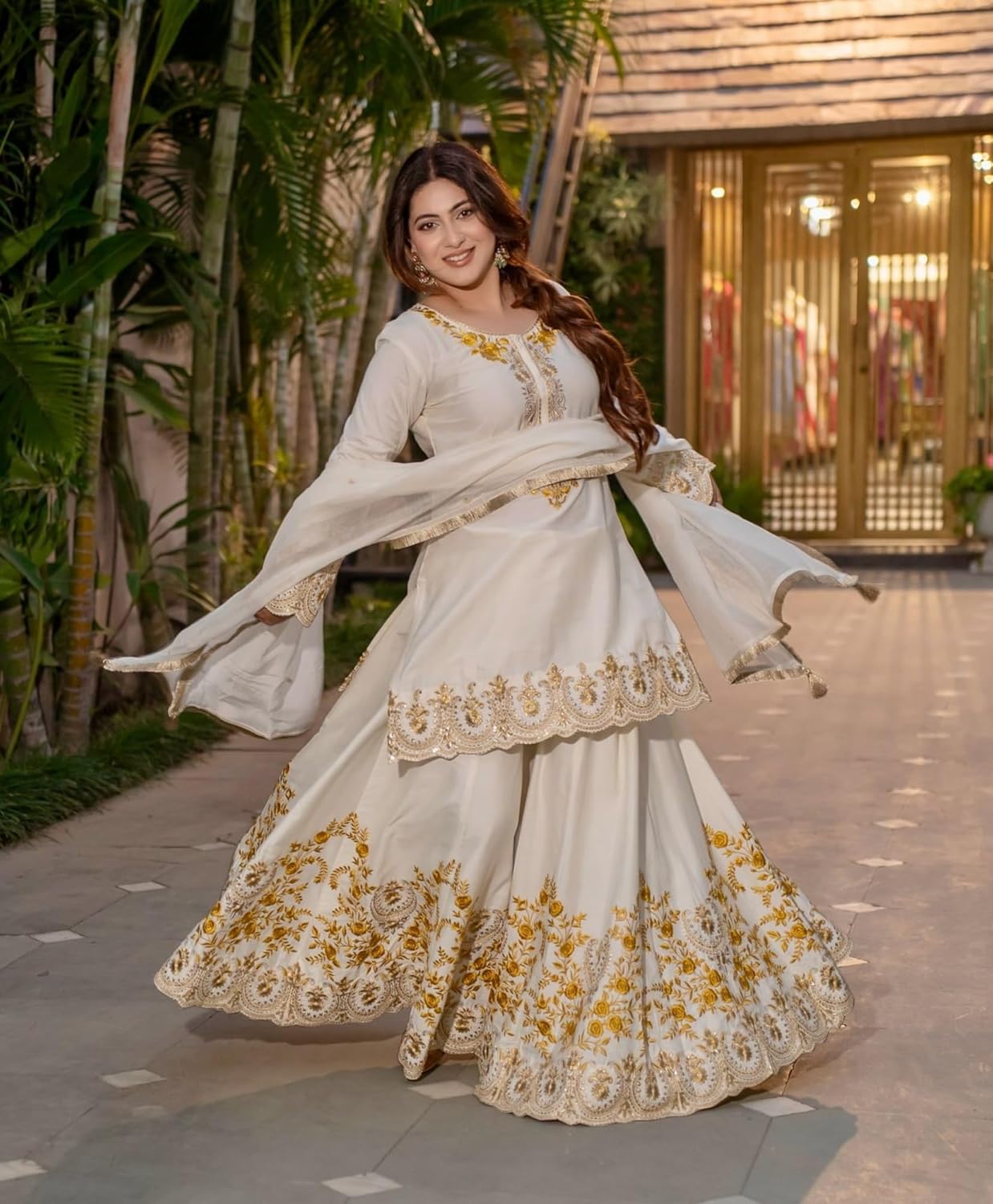 Firewave Women's Heavy French Crepe Embroidered Round V Neck 3/4 Sleeve Fully Stitched Sharara Suit Set with Dupatta Ethnic Wear_BK-88