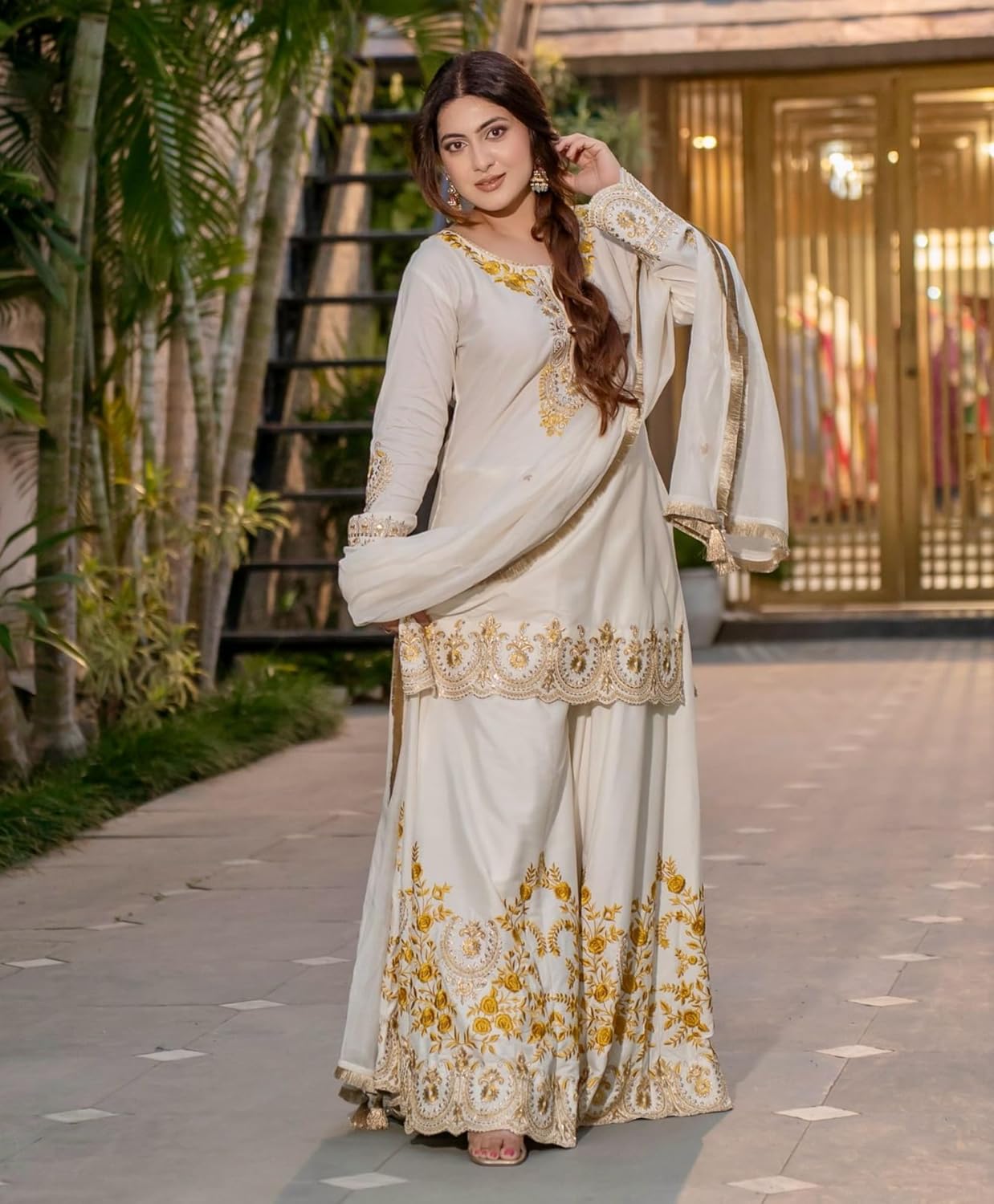 Firewave Women's Heavy French Crepe Embroidered Round V Neck 3/4 Sleeve Fully Stitched Sharara Suit Set with Dupatta Ethnic Wear_BK-88